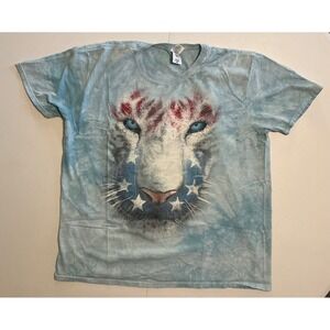 VTG Y2K T-Shirt Fourth of July Patriotic Tiger American Flag Tie Dye Blue XL
